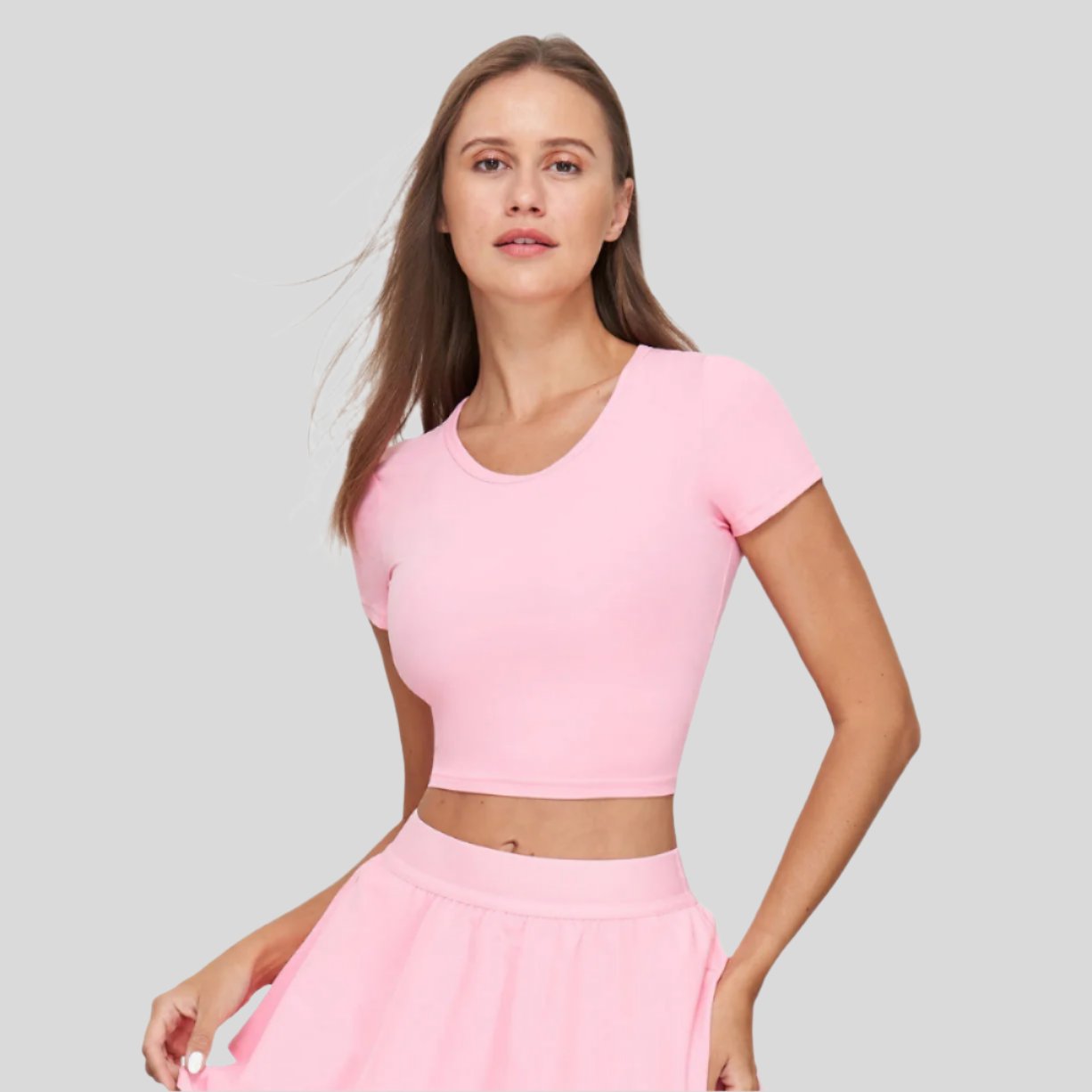 Stella Round Neck Active Crop Top - Grapefruit Pink - Emoni Fit